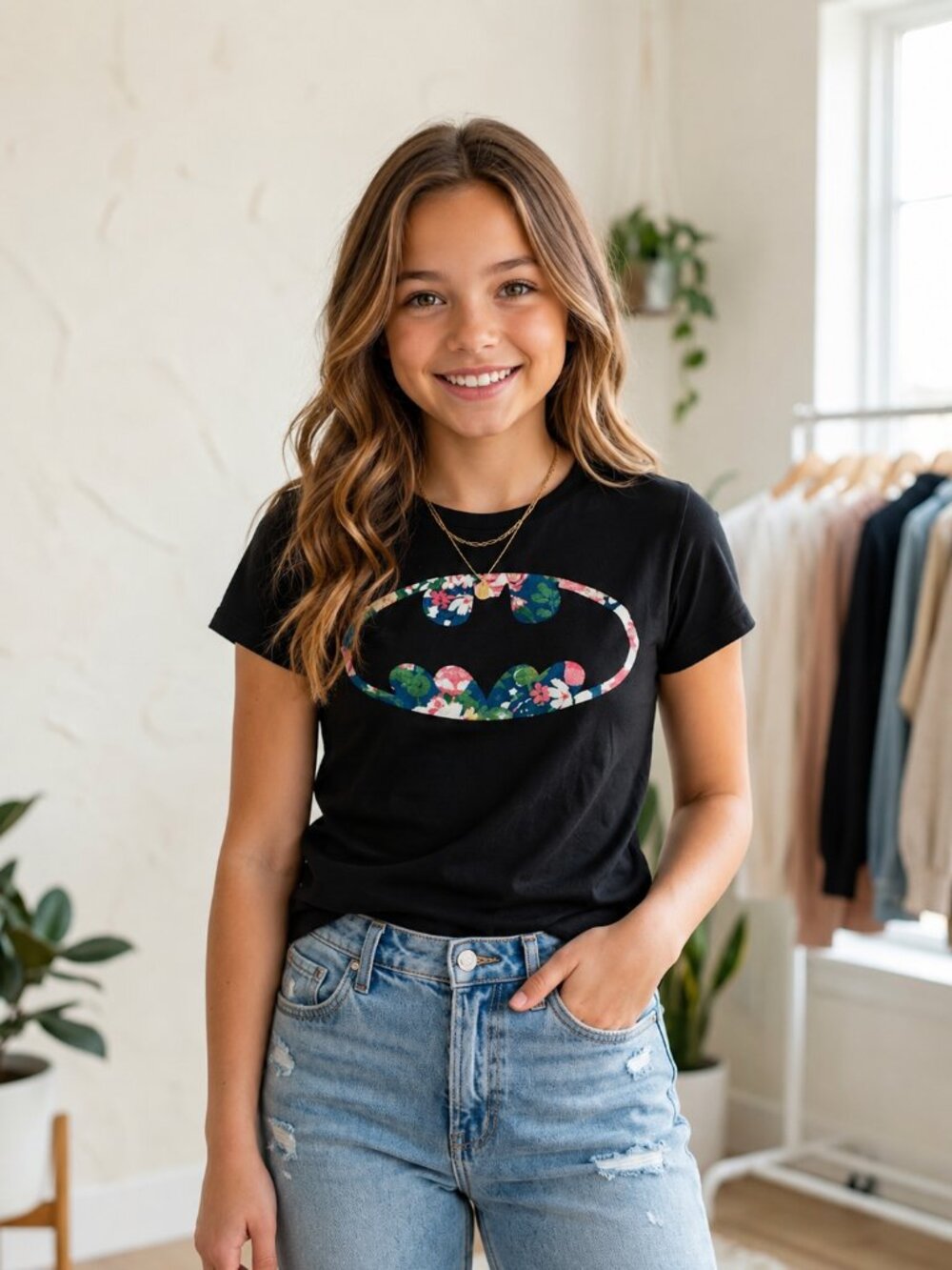Kids Batman Graphic Tee Floral Logo Black 100% Cotton Size 2XL
